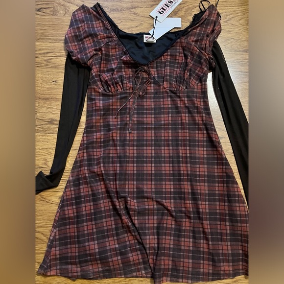Guess vtg nwt check mesh mini dress mesh sleeve 90s school plaid sheer L - Picture 6 of 16